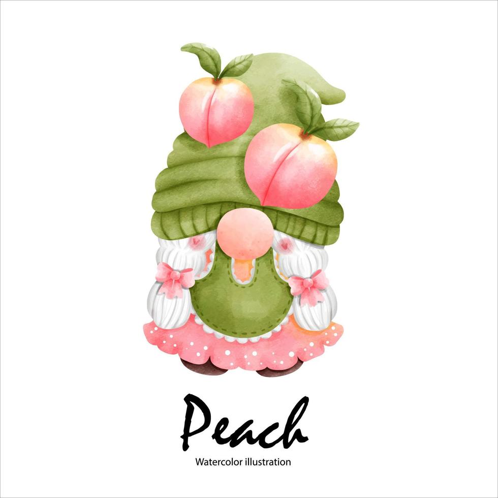 Watercolor peaches, peach gnome watercolor fruit. vector illustration