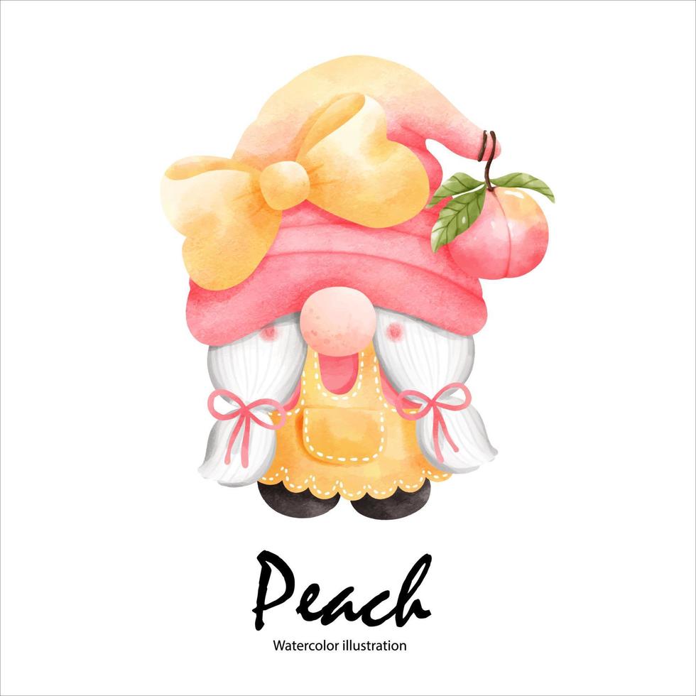 Watercolor peaches, peach gnome watercolor fruit. vector illustration