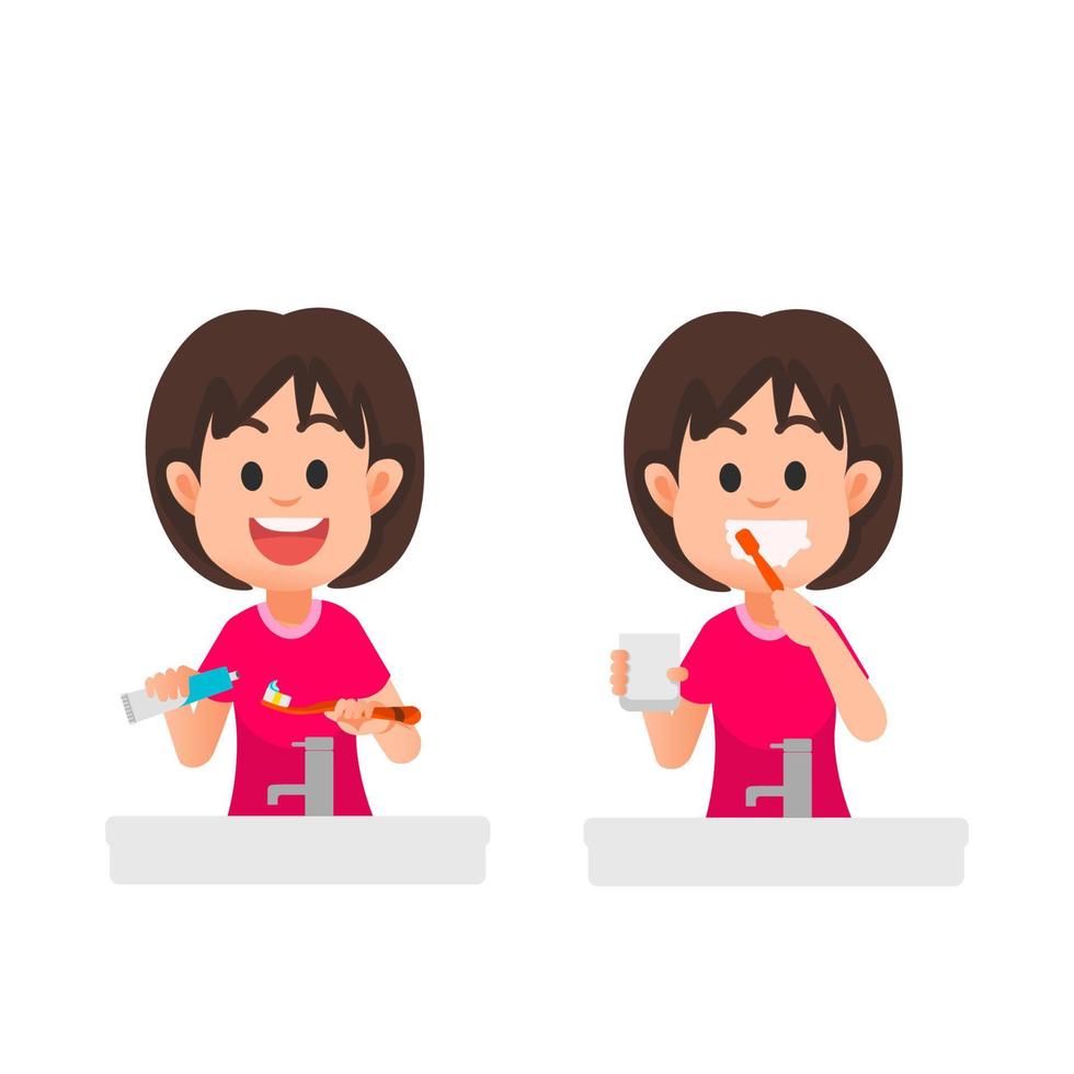 a cute little girl brushes her teeth with toothpaste vector