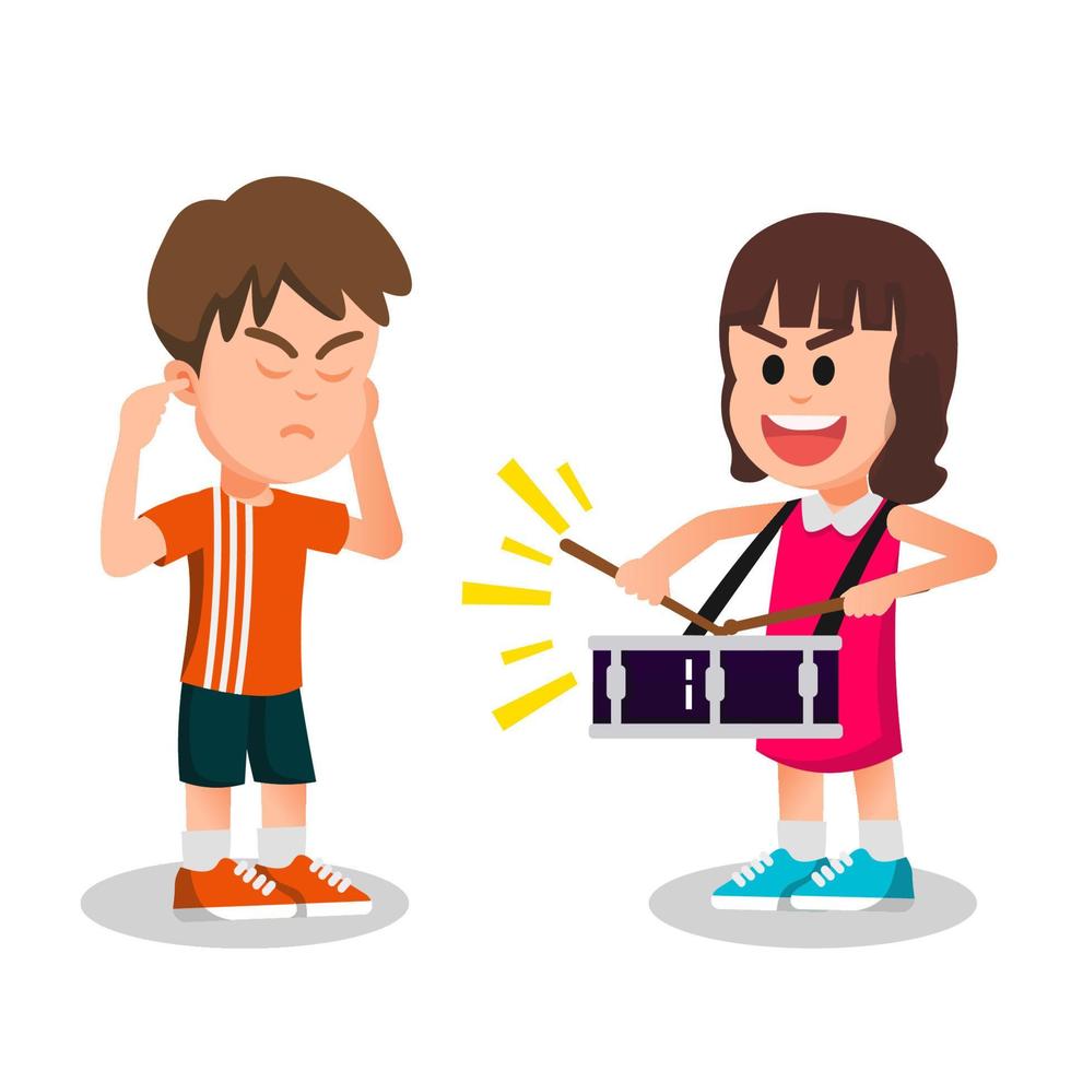 boy is annoyed because his friend is playing the snare drum loudly vector