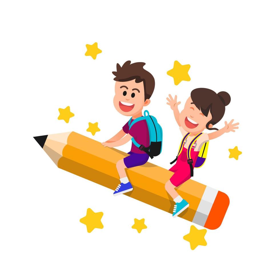 happy students riding big pencils vector
