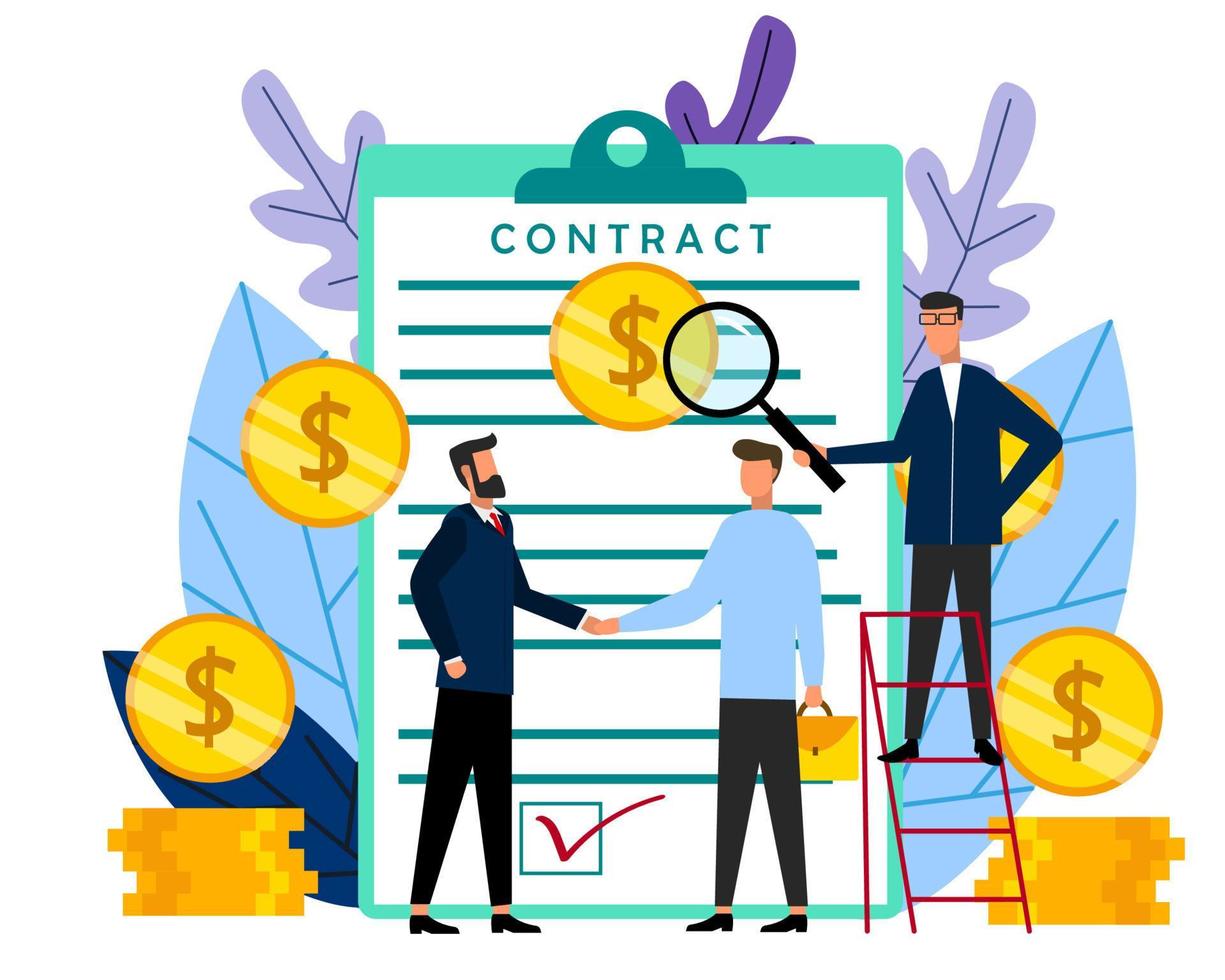 dos personas se dan la mano. celebración de un contrato. trato de negocios. el auditor está controlando el proceso, monitoreando la transferencia de dinero. ilustración plana vectorial. vector