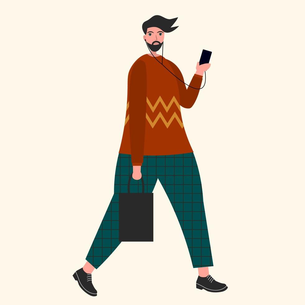 el joven hipster está caminando y escuchando música en el teléfono con auriculares. ilustración de dibujos animados planos vectoriales. vector