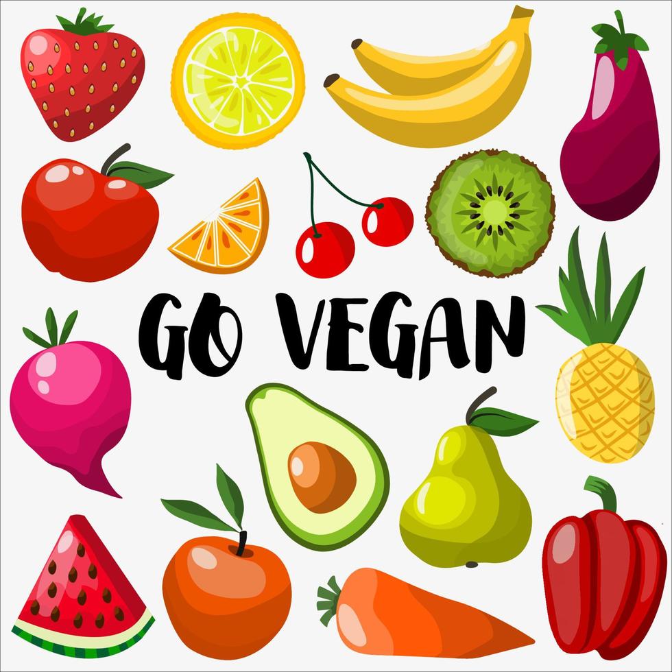 con frutas y verduras aisladas en blanco. alimentos orgánicos naturales. concepto vegano. estilo de vida saludable. vector