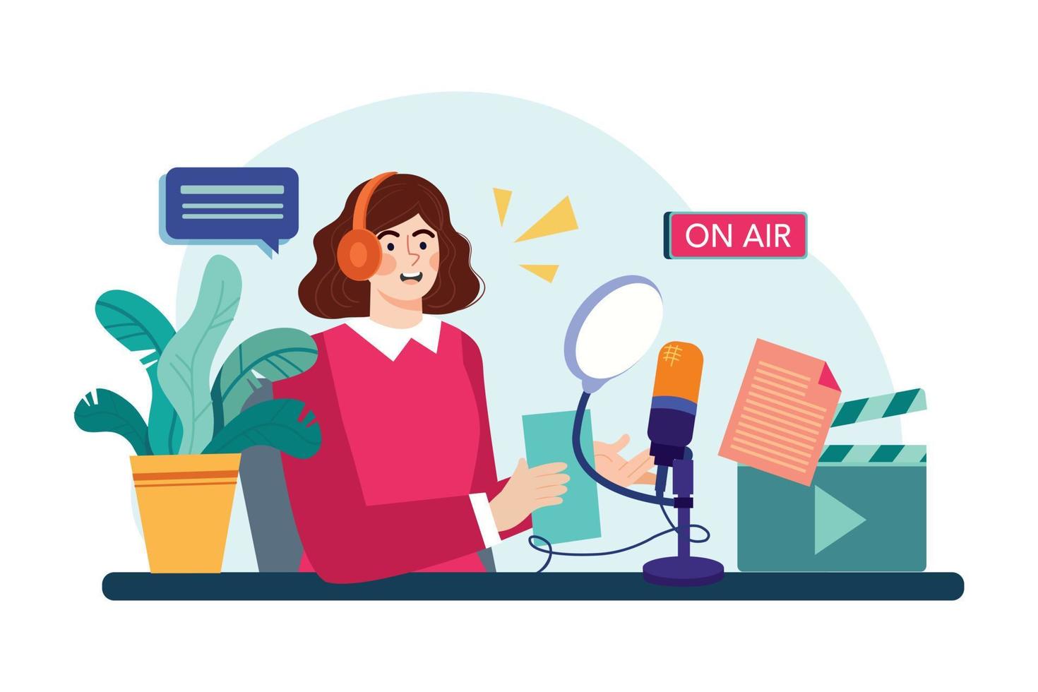Woman reading podcast script Illustration concept. Flat illustration isolated on white background vector
