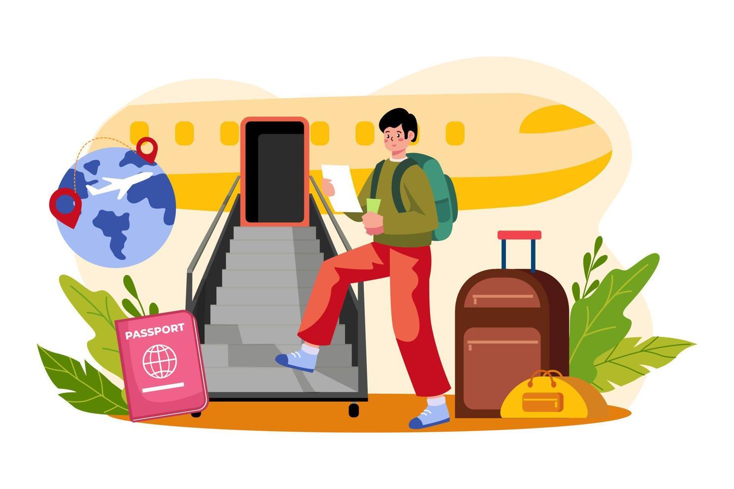 Man doing flight boarding Illustration concept on white background vector