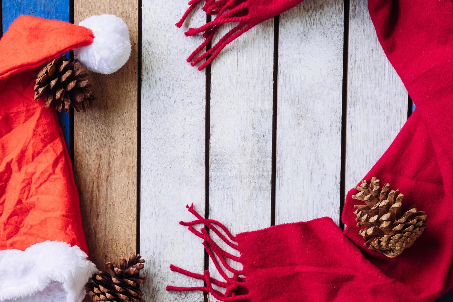 Top view of Christmas decoration on wooden table. Free space for text photo