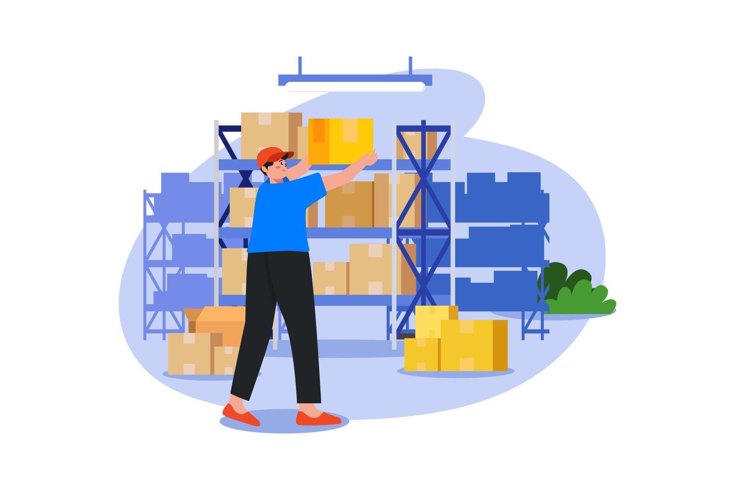 Male workers arranging boxes in the warehouse vector