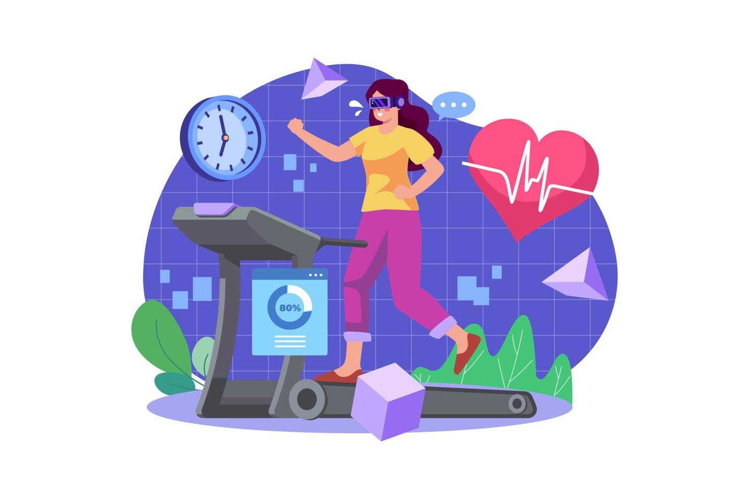 Woman running on treadmill using VR vector
