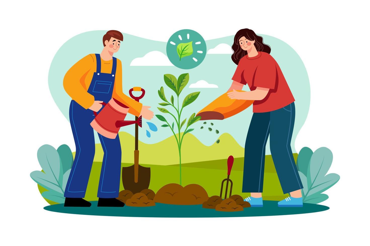 Team of volunteers planting trees in the park Illustration concept on white background vector