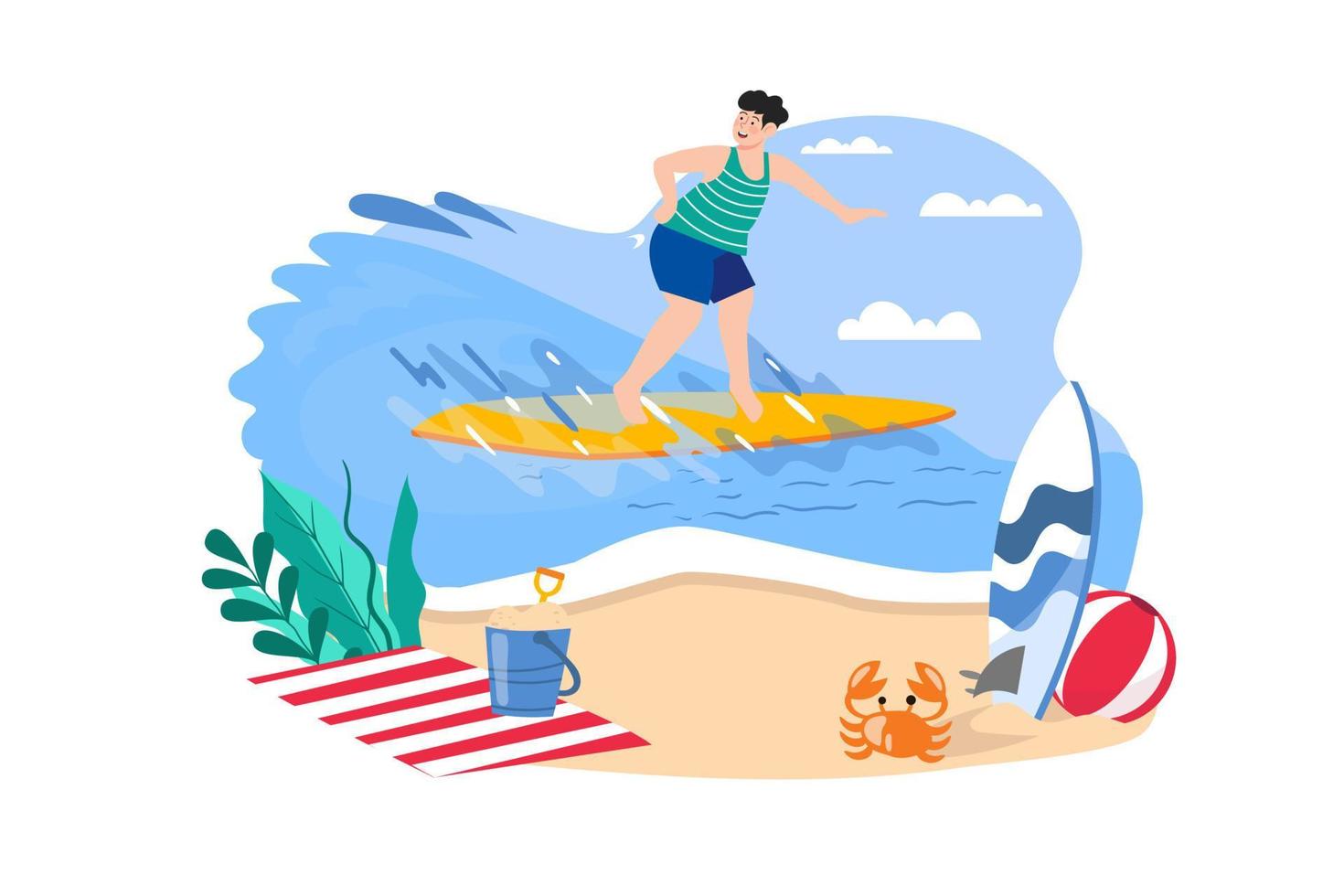 Boy going surfing at the beach vector