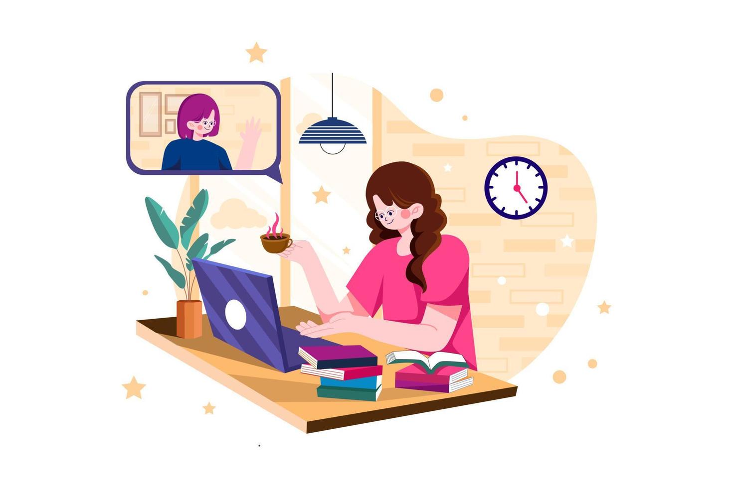 Lady doing online meeting on a tablet with coffee cup on the desk Illustration concept on white background vector