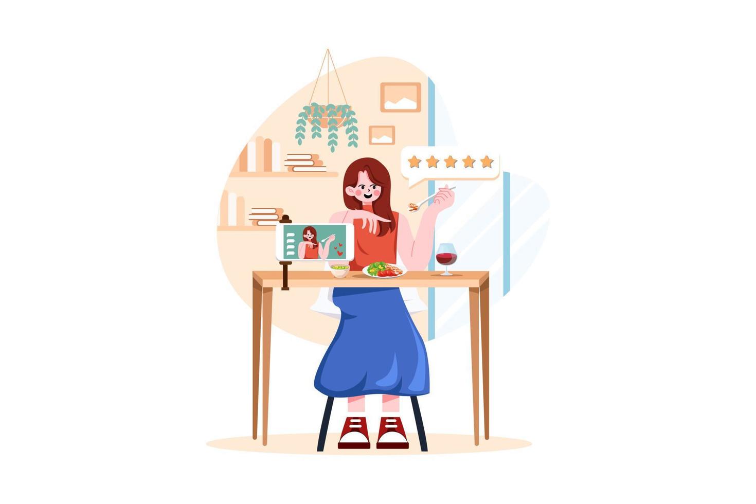 mujer bloguera probando comida y haciendo reseña vector