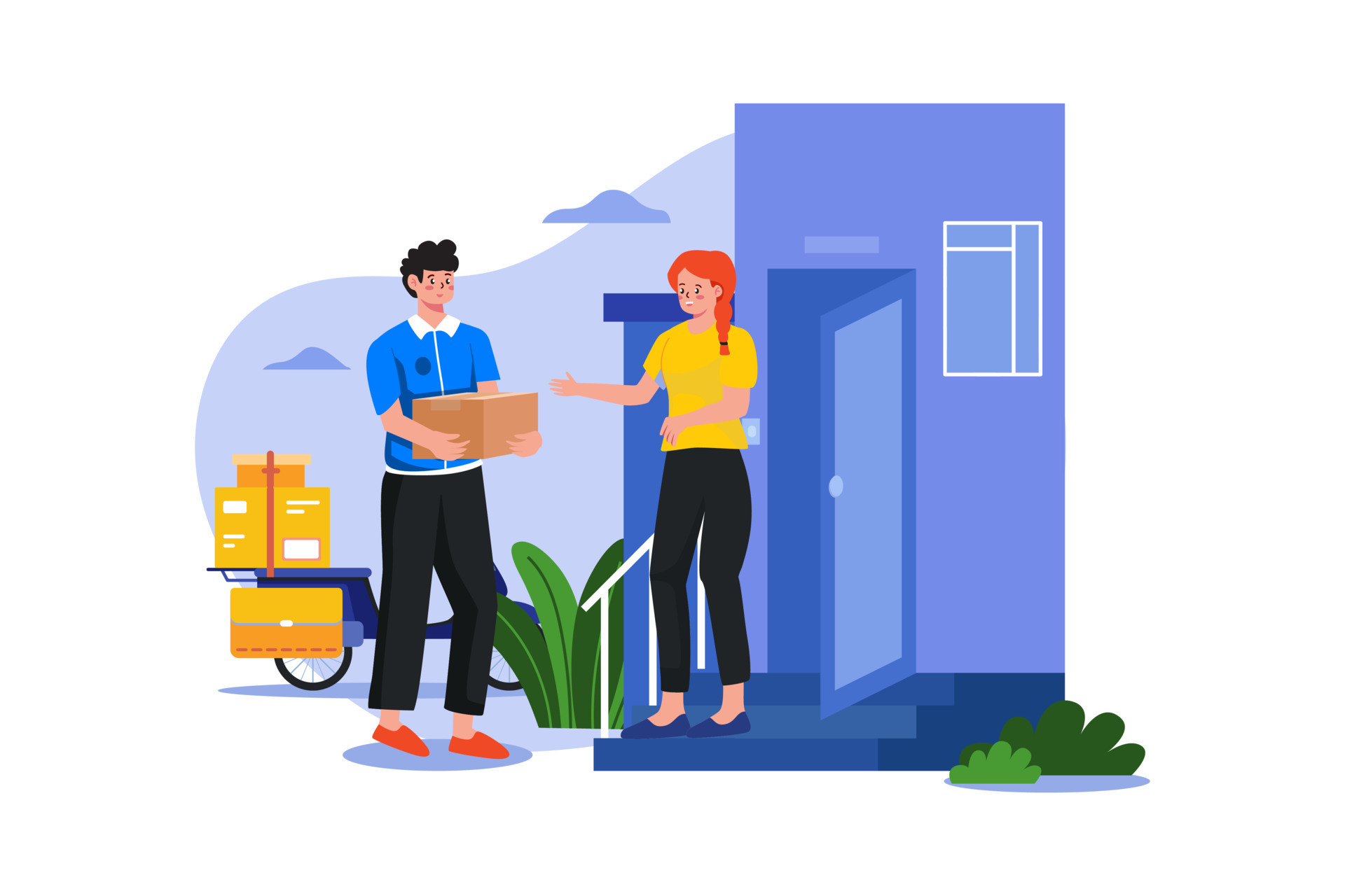 Deliver man delivering parcel at doorstep 10718159 Vector Art at Vecteezy