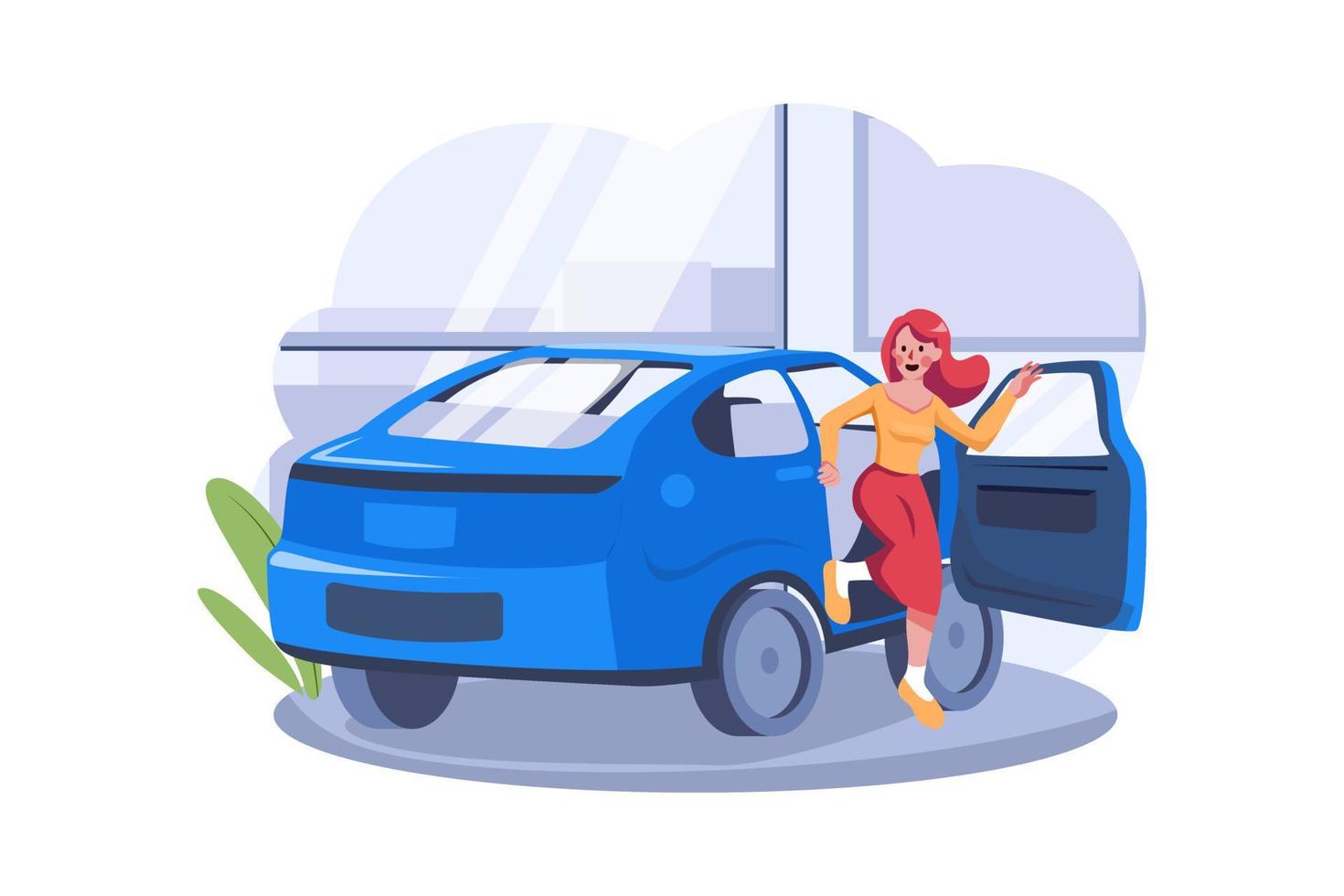 Woman sitting in a car in showroom vector