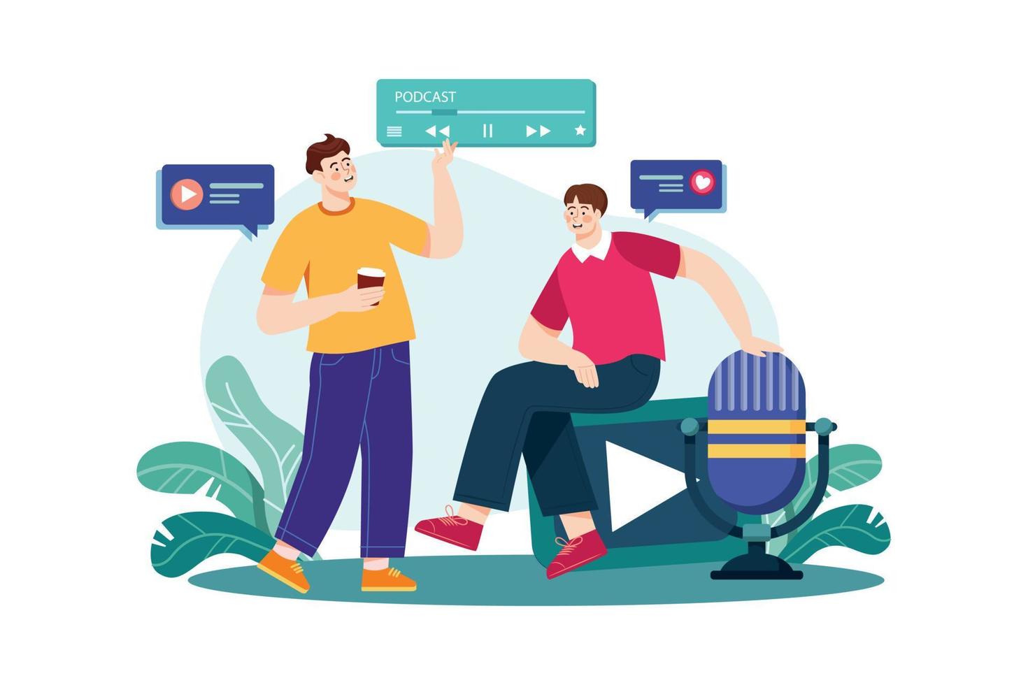 Friends talking while having the podcast Illustration concept. Flat illustration isolated on white background vector