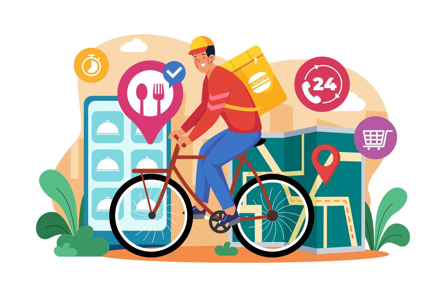 Food delivery service, male courier with large backpack vector