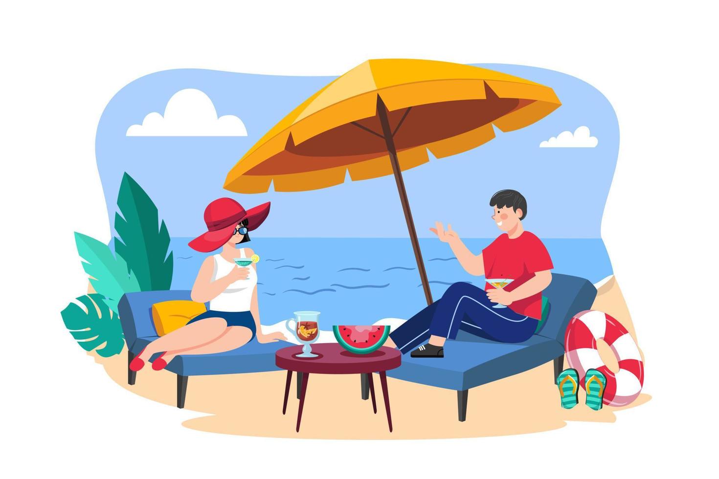 Man and woman lying on beach lounge and drinking cocktail vector