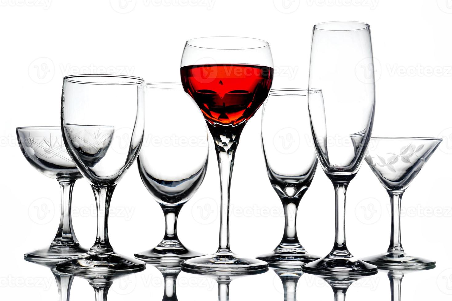 Collage of empty glasses with wine on white background. photo