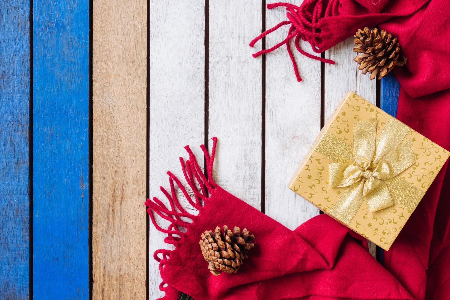 Top view of Christmas decoration on wooden table. Free space for text photo