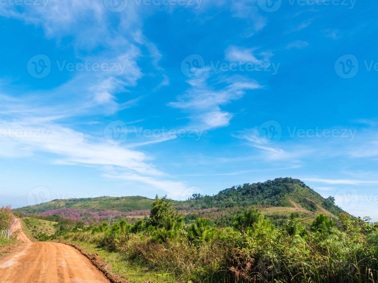 hermoso paisaje con camino rural, montañas y cielo azul. concepto de viaje foto