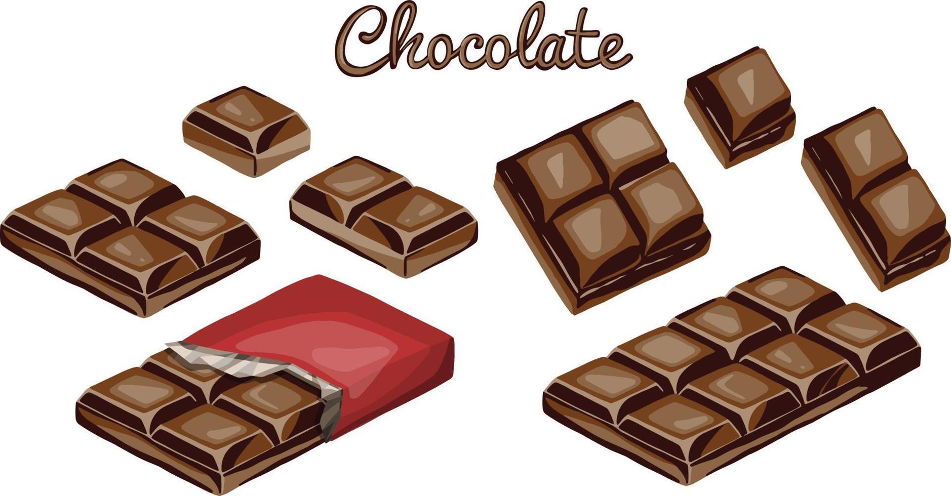 Chocolate bars and pieces set. Sweet brown candy chocolate gourmet delicious. Tasty ingredient sugar chocolate dessert food candy cocoa isolated. Chocolate dessert bar milk black eat design. vector