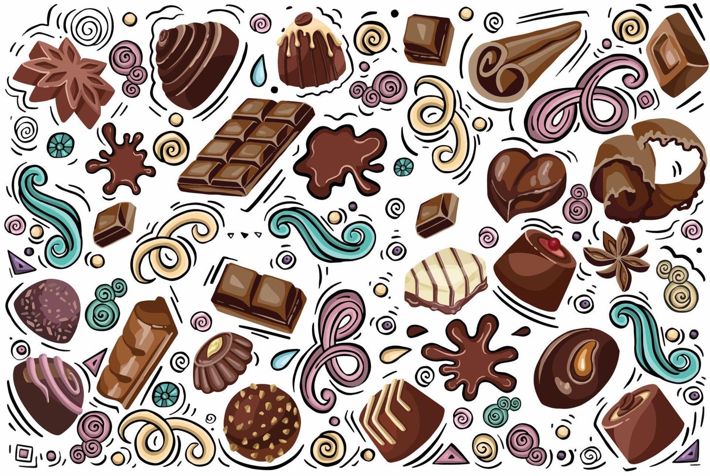 Seamless pattern with chocolates, chunks of chocolate, candies in colored wrappers on blue background. illustration of a dessert in a flat cartoon style. vector