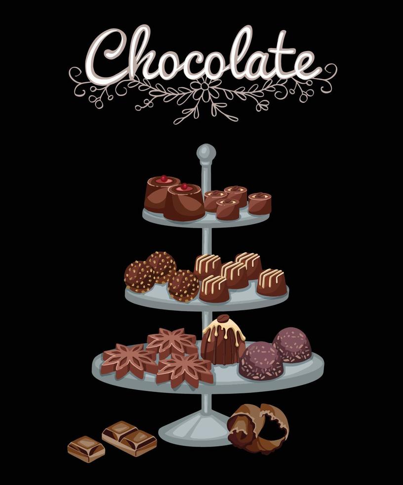 Set of assorted delicious handmade dark and milk chocolate candies over brown background. Side view, close up. vector