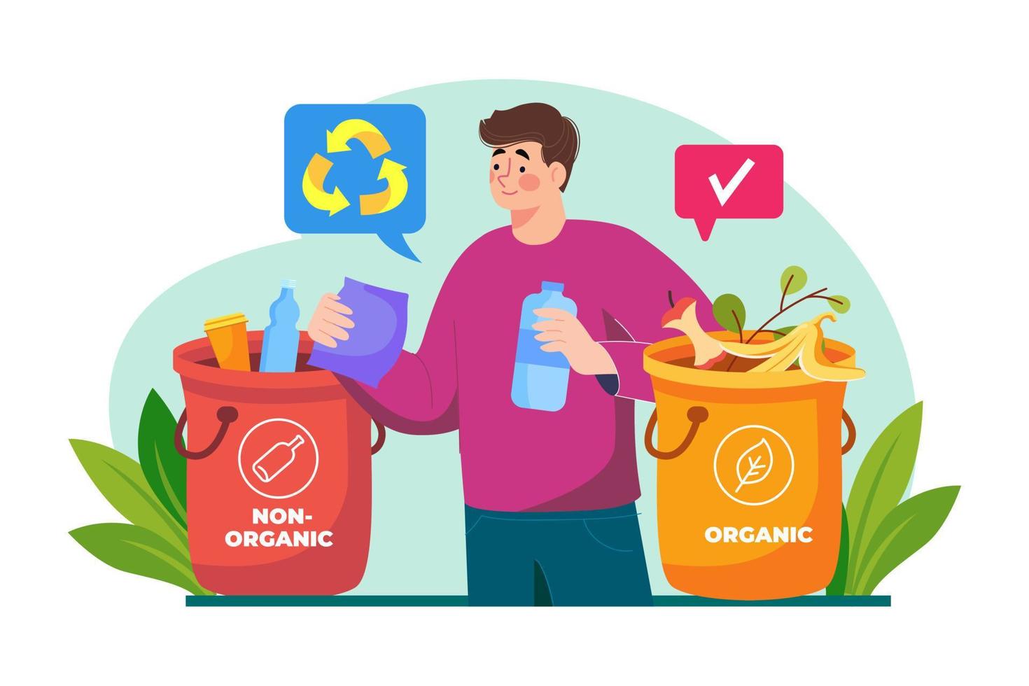 Man Sorting organic and non-organic waste Illustration concept on white background vector