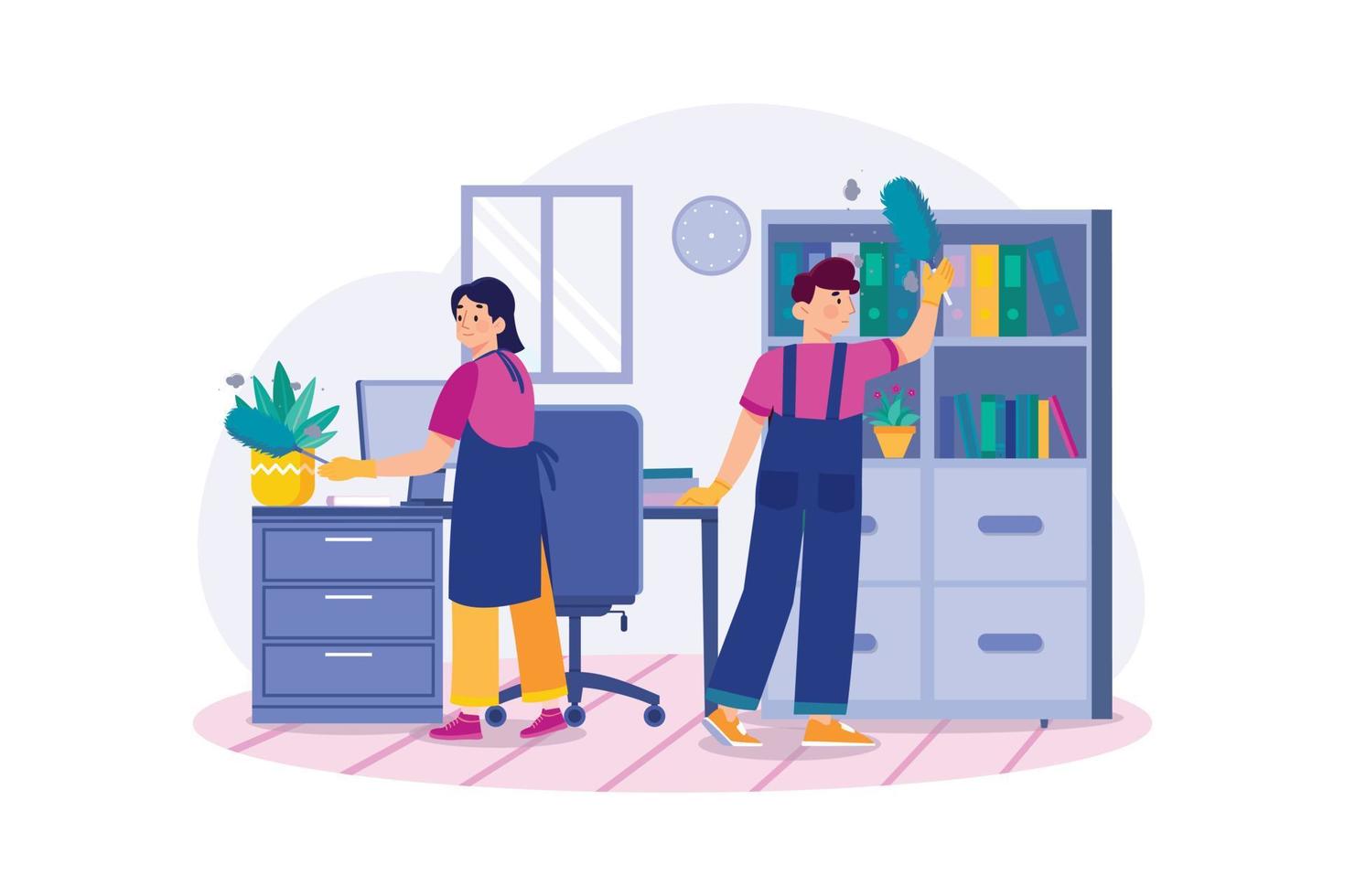Worker cleaning the office with a feather brush vector