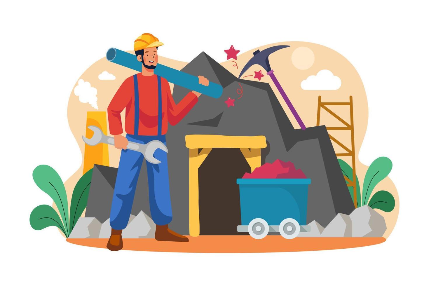 Miner character holding wrench and plastic pipe vector