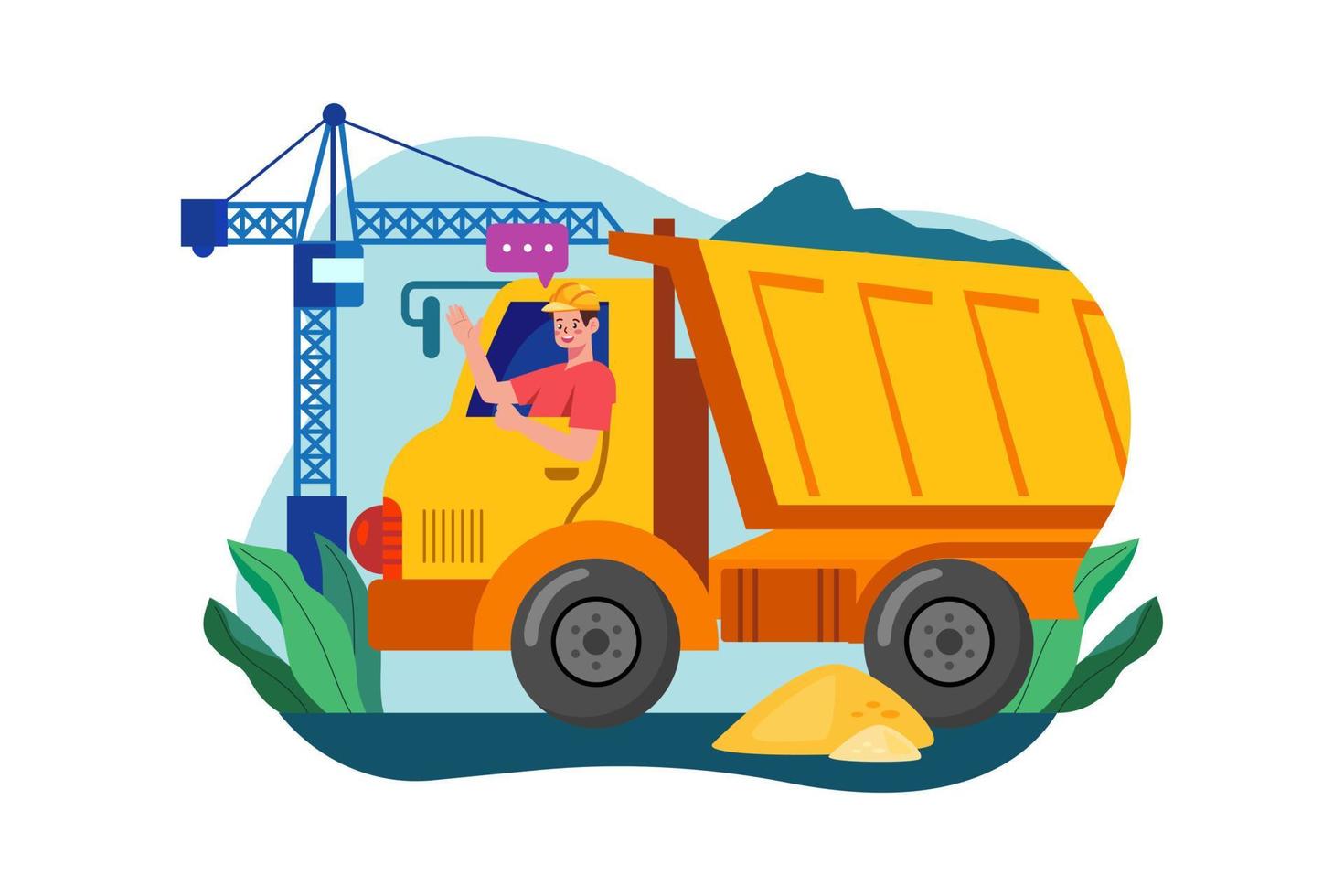 Truck driver rising hand while sitting in construction truck vector