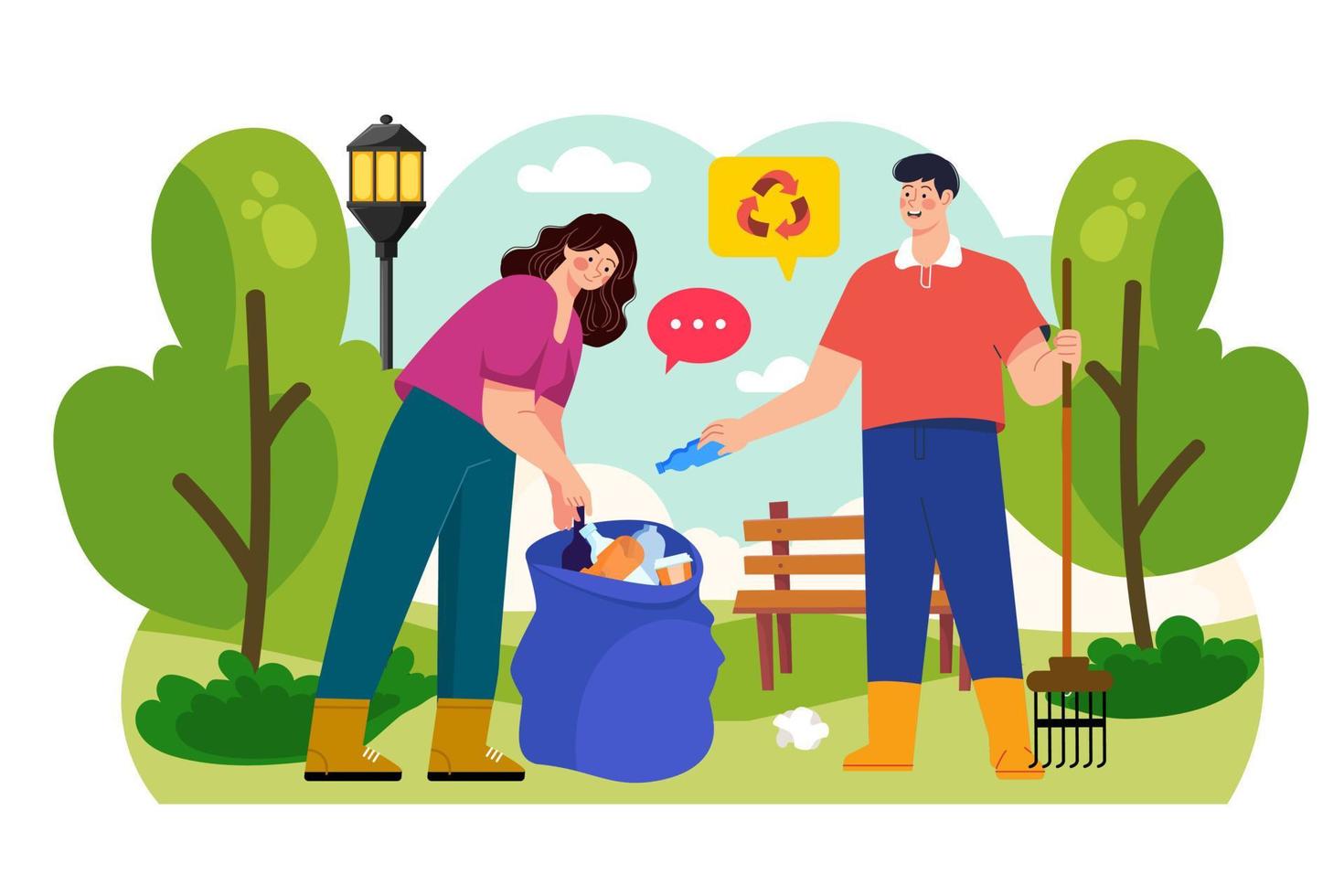 People cleaning the trash in the park Illustration concept on white background vector