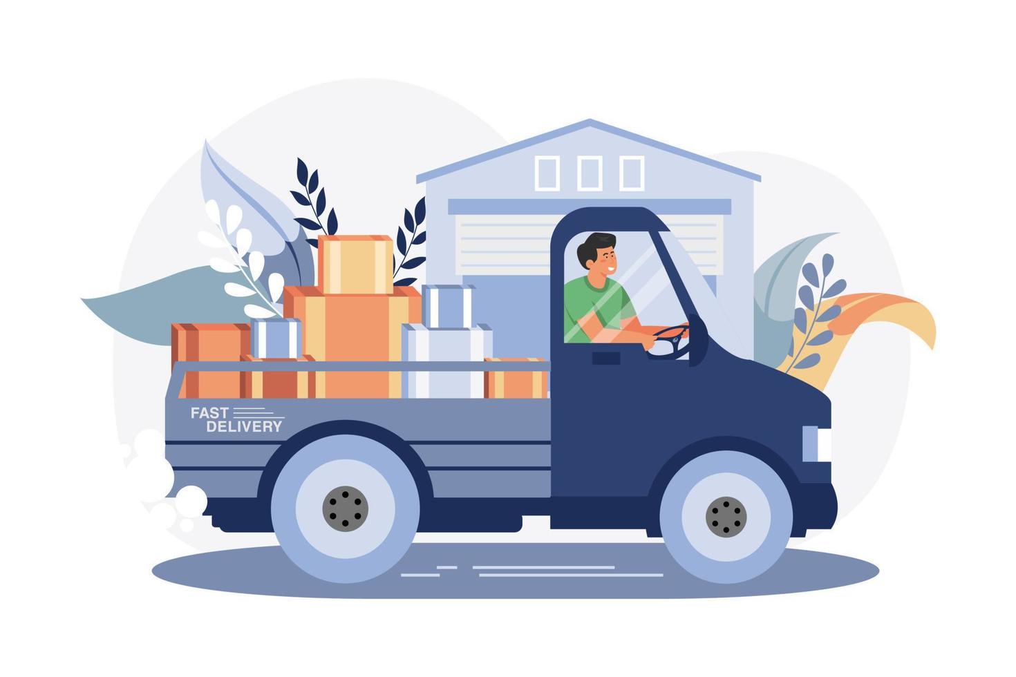 Delivery man deliver multiple packages on the delivery cart Illustration concept on white background vector