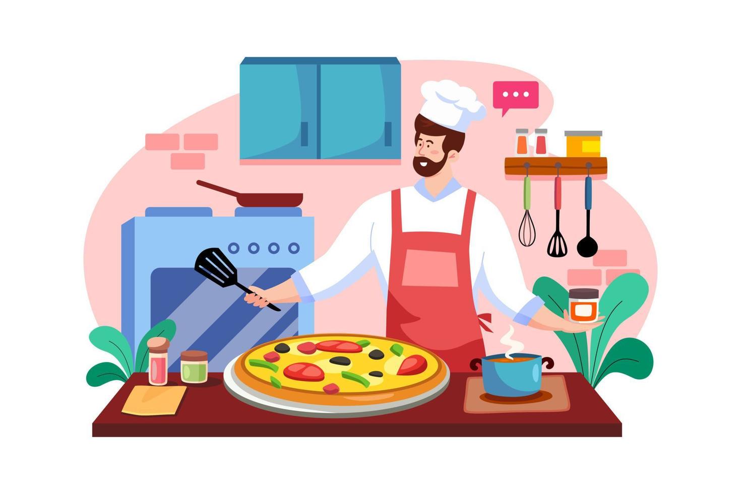 composición de pizzería con chefs horneando pizza vector