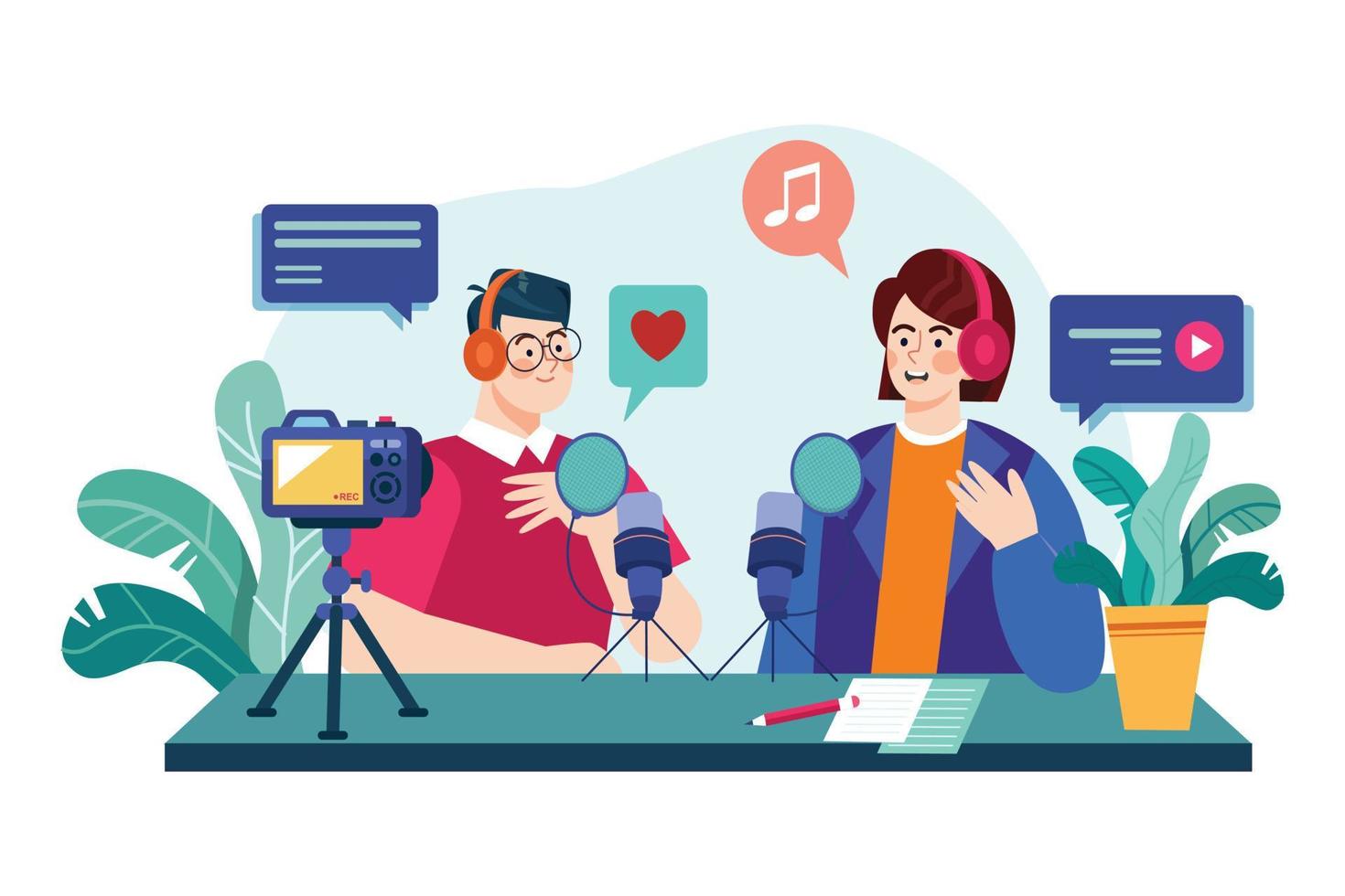 Man and woman recording a podcast conversation Illustration concept. Flat illustration isolated on white background vector