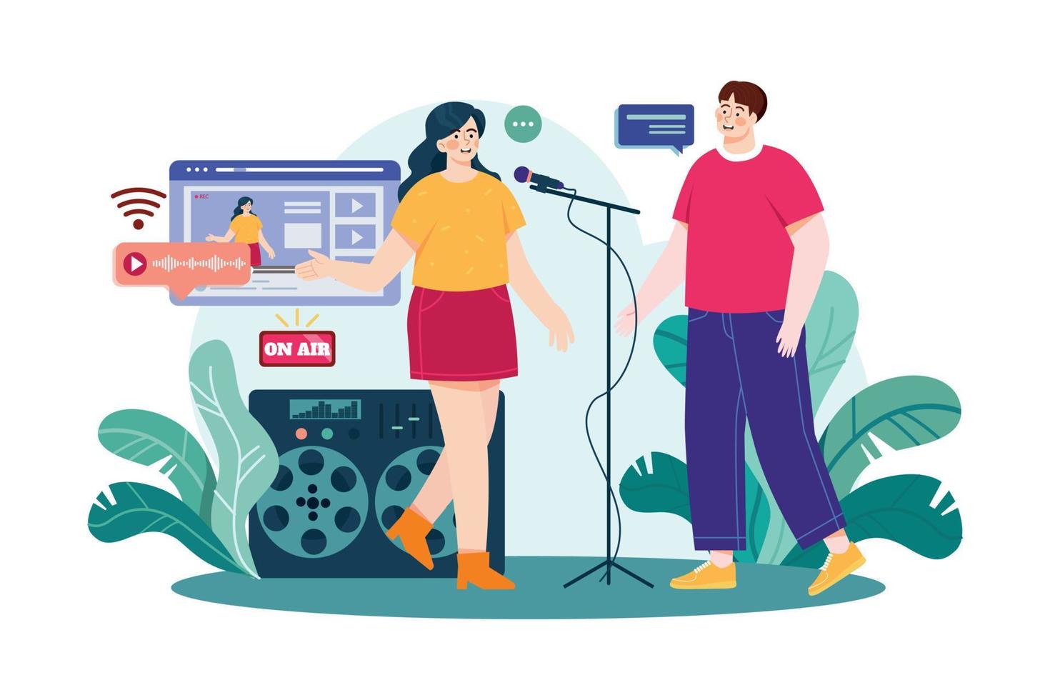 Couple with microphone works with a live recording Illustration concept. Flat illustration isolated on white background vector