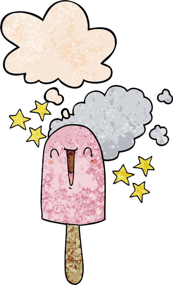 cute cartoon ice lolly and thought bubble in grunge texture pattern style vector