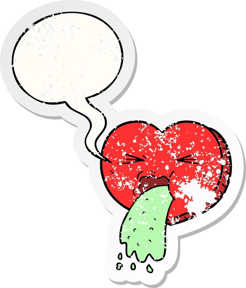 cartoon love sick heart and speech bubble distressed sticker vector