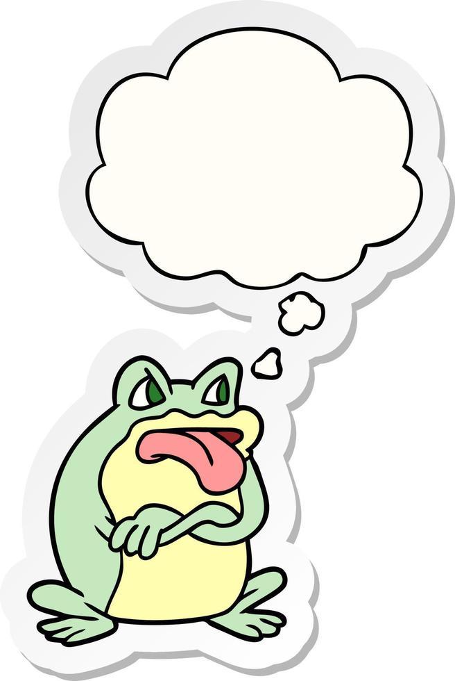 grumpy cartoon frog and thought bubble as a printed sticker vector
