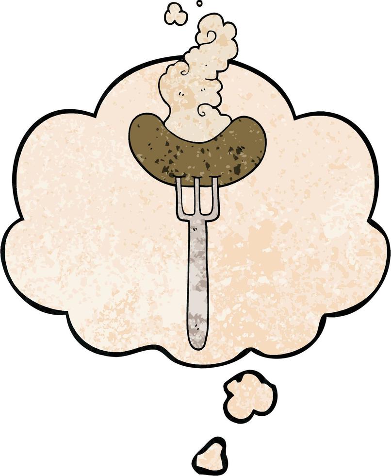 cartoon sausage on fork and thought bubble in grunge texture pattern style vector