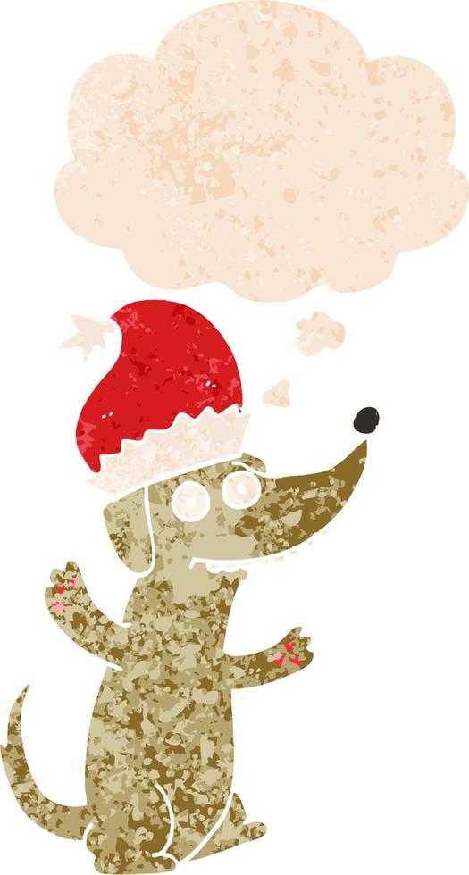 cute christmas cartoon dog and thought bubble in retro textured style vector