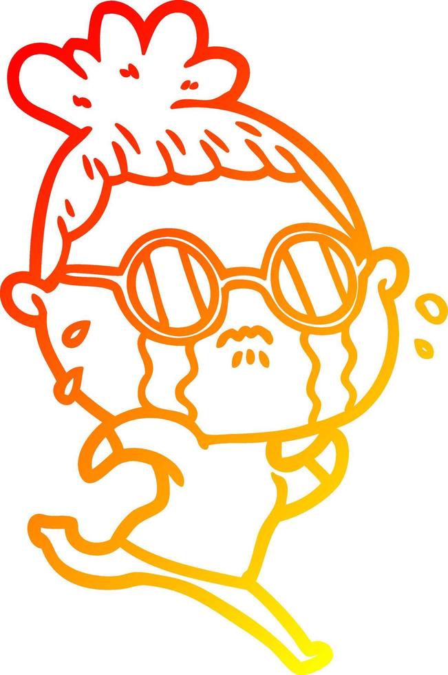warm gradient line drawing cartoon crying woman wearing spectacles vector