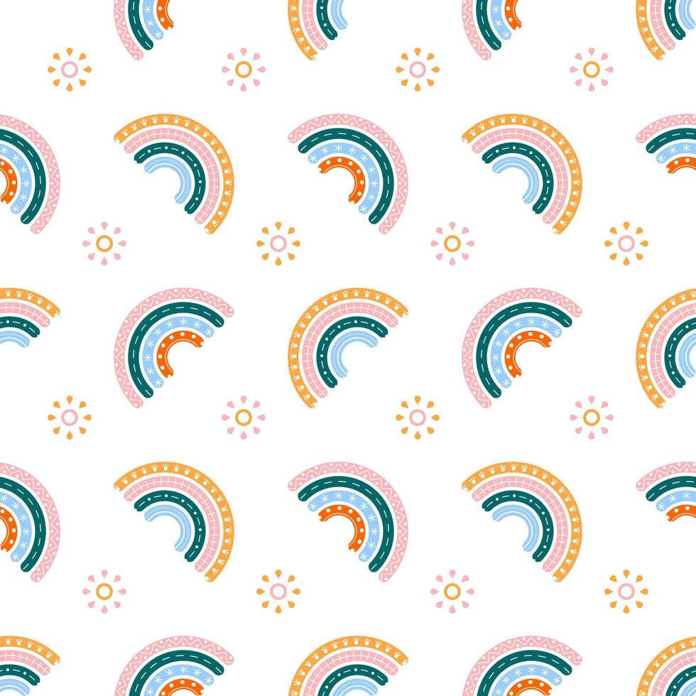 Scandinavian rainbow with ornaments seamless pattern vector