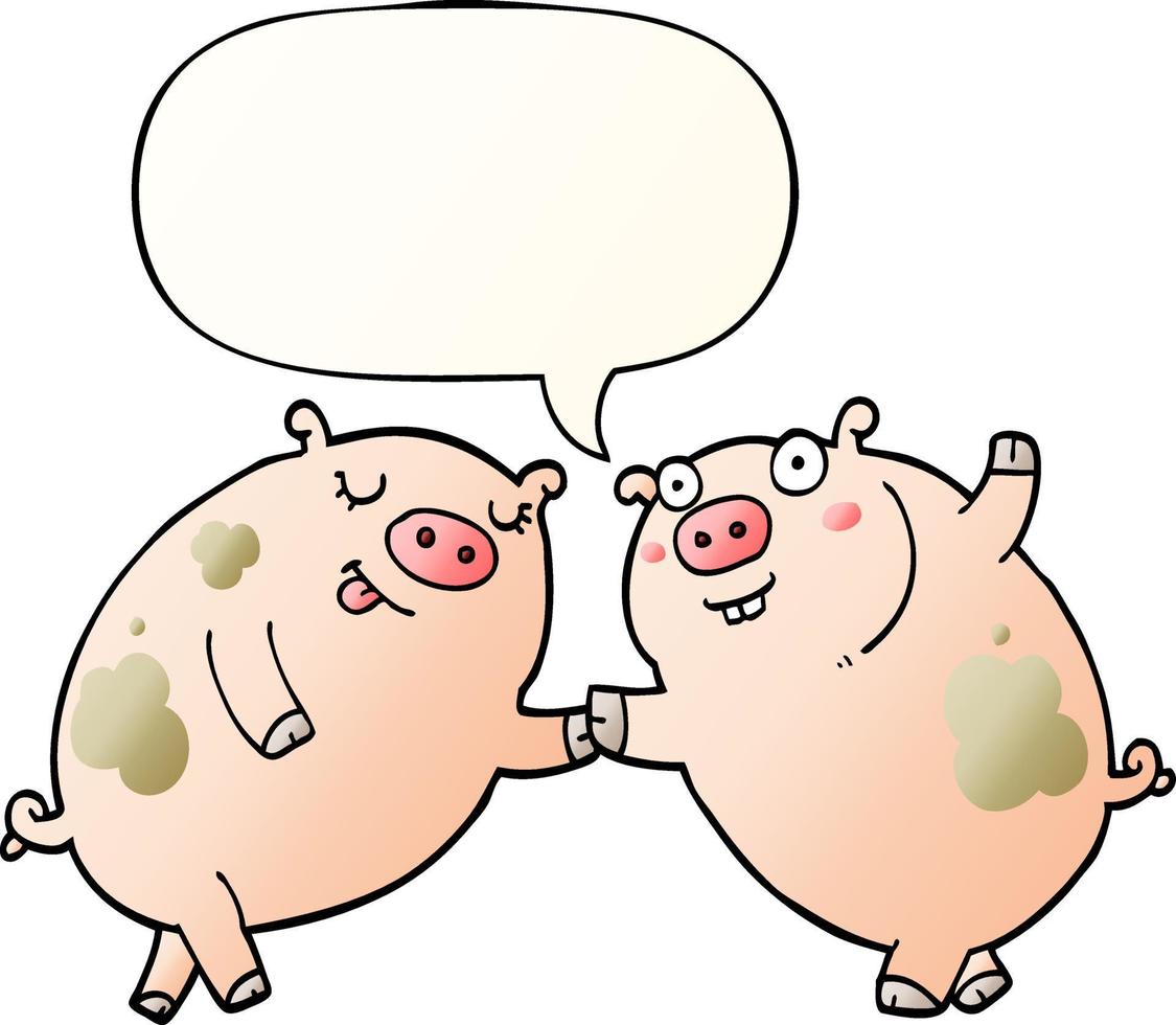 cerdos de dibujos animados bailando y burbujas de habla en estilo degradado suave vector