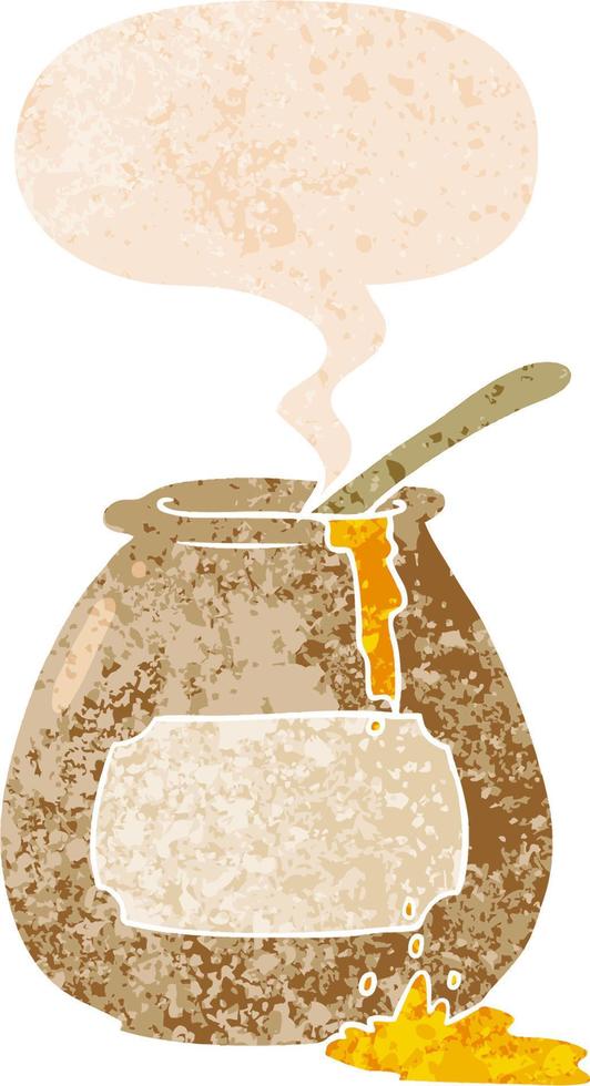 cartoon honey pot and speech bubble in retro textured style vector