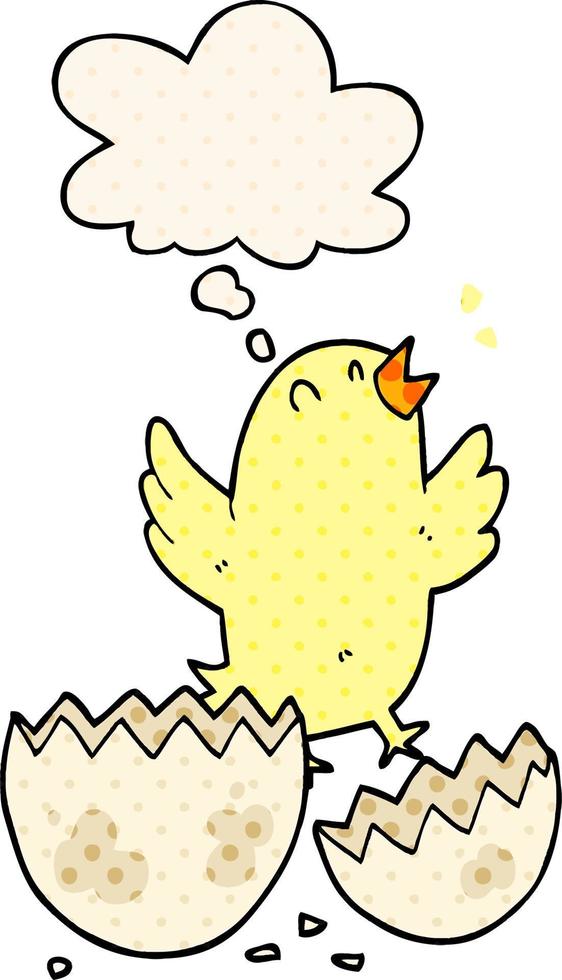 cartoon bird hatching from egg and thought bubble in comic book style vector