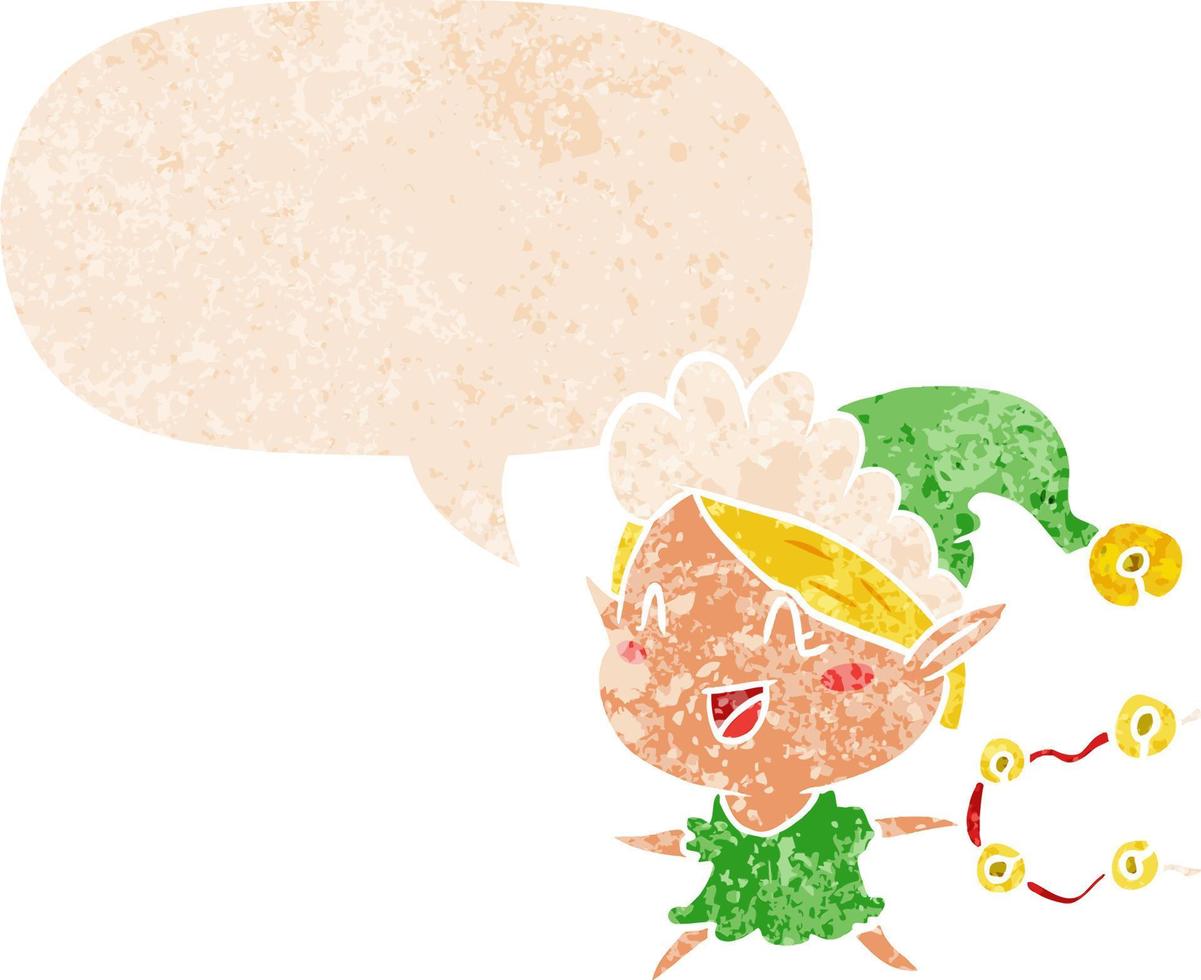 cartoon happy christmas elf and speech bubble in retro textured style vector