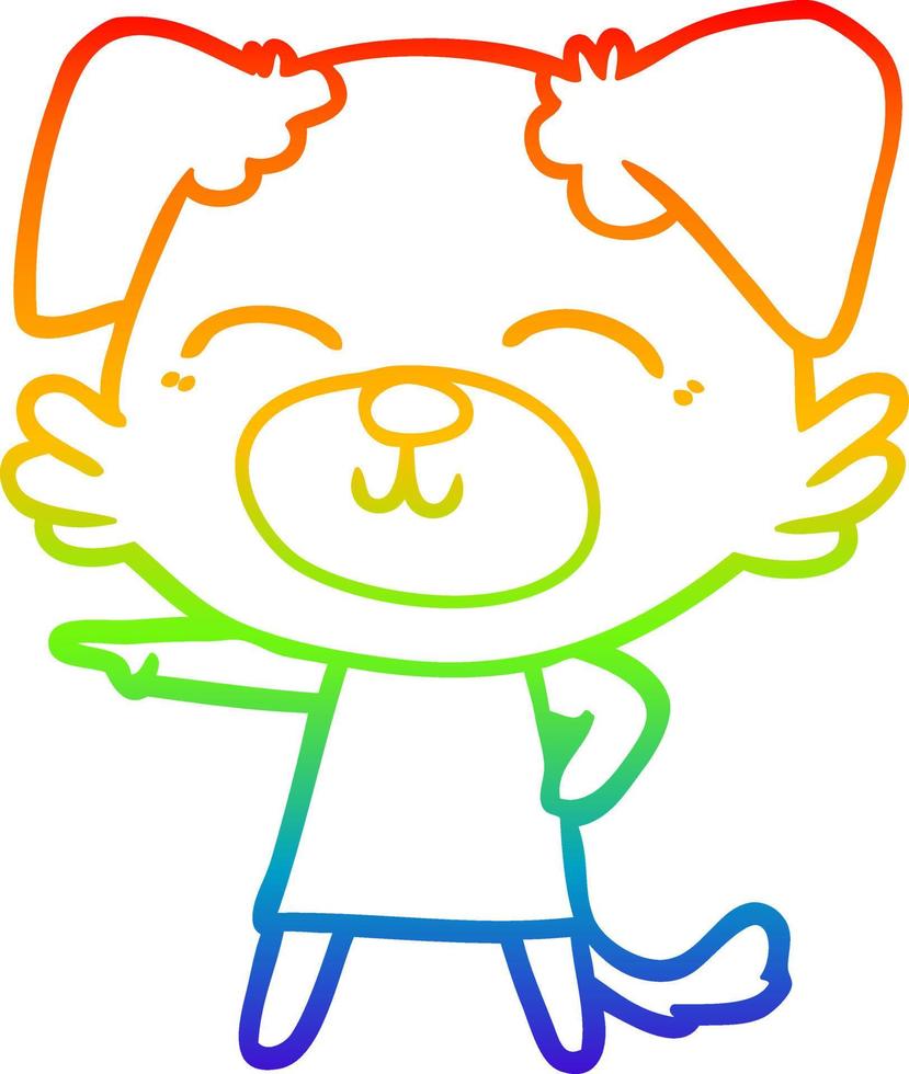 perro de dibujos animados de dibujo de línea de gradiente de arco iris en vestido señalando vector