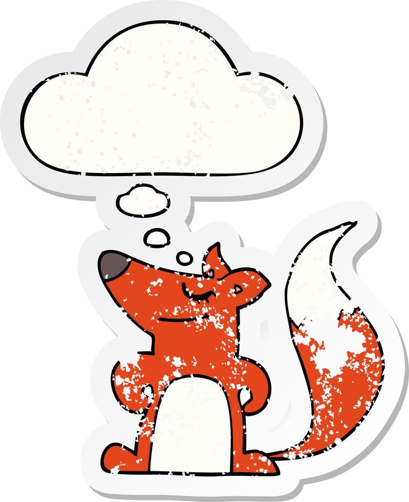 cartoon fox and thought bubble as a distressed worn sticker vector